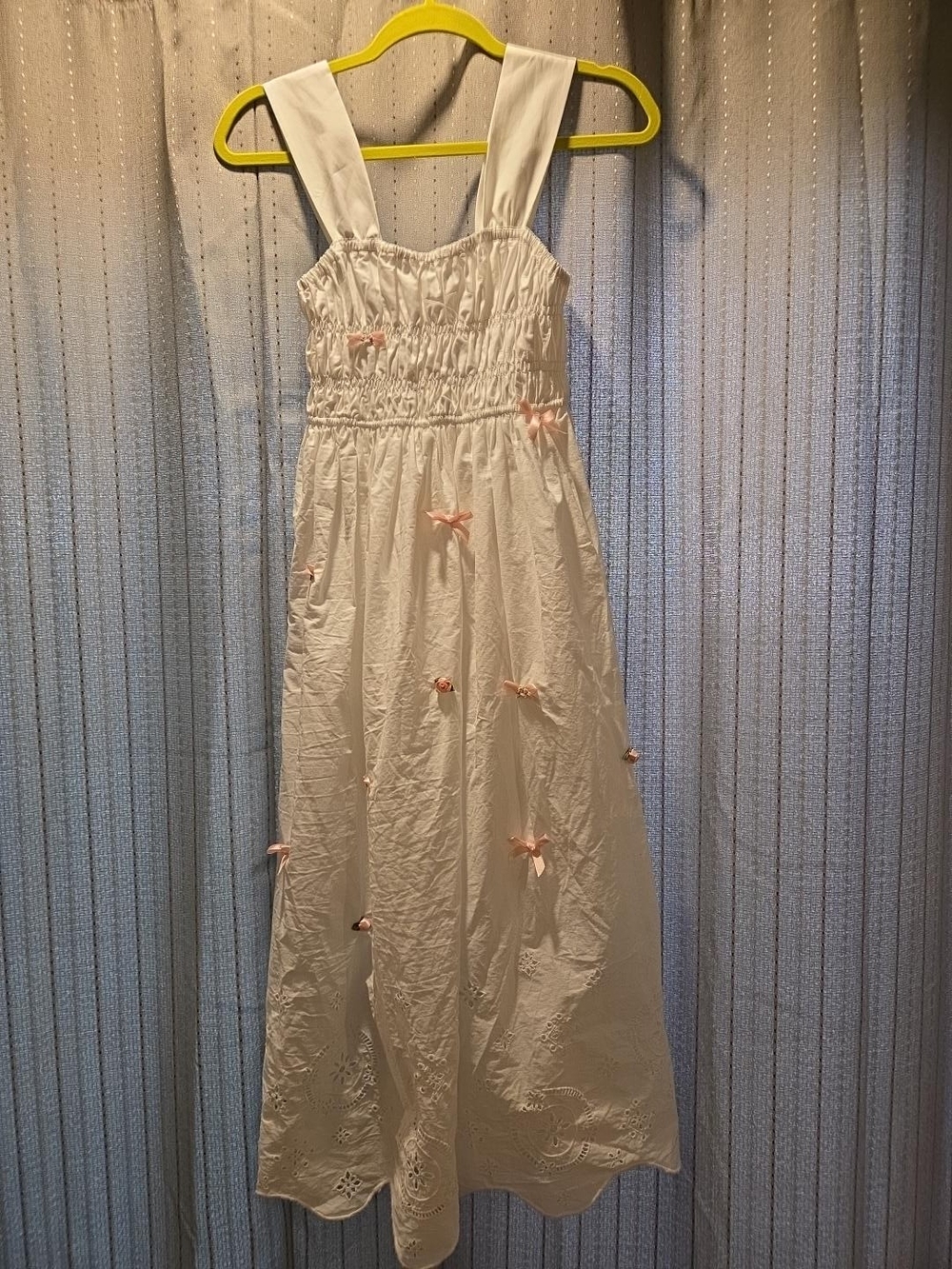 Moon River White Eyelet Smocked Midi Dress Pink Bows XS